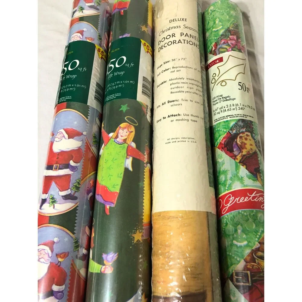 Lot 4 Vtg Cleo Christmas Wrapping Paper 150 SqFt Jumbo Gift Wrap Door Decoration